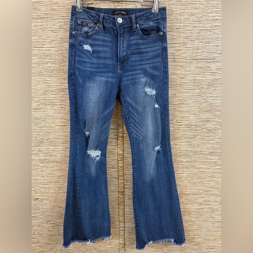 Almost Famous Flare Jeans Distress Destroyed High Rise Blue Raw Hem Women 5